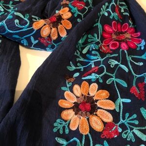 Navy Scarf With Multicolor Floral Embroidery